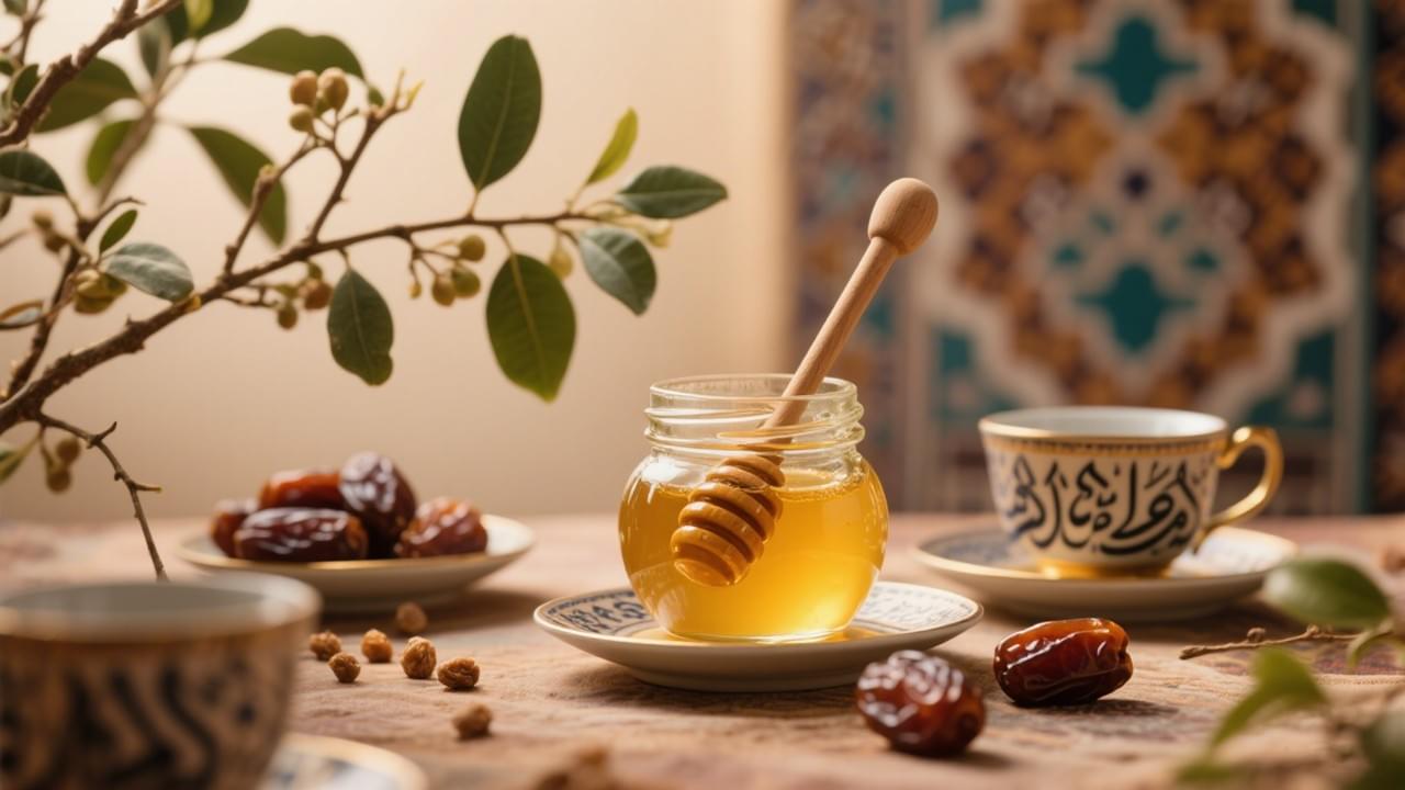 Middle Eastern honey traditions with Sidr honey jar, dates, and Arabic tea cups symbolizing health and culture.