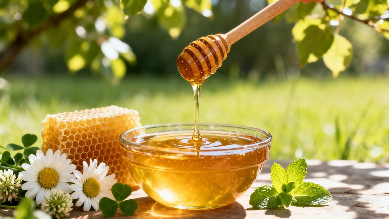 Anti-inflammatory benefits of honey with natural golden honey dripping into a glass bowl surrounded by honeycomb and wildflowers