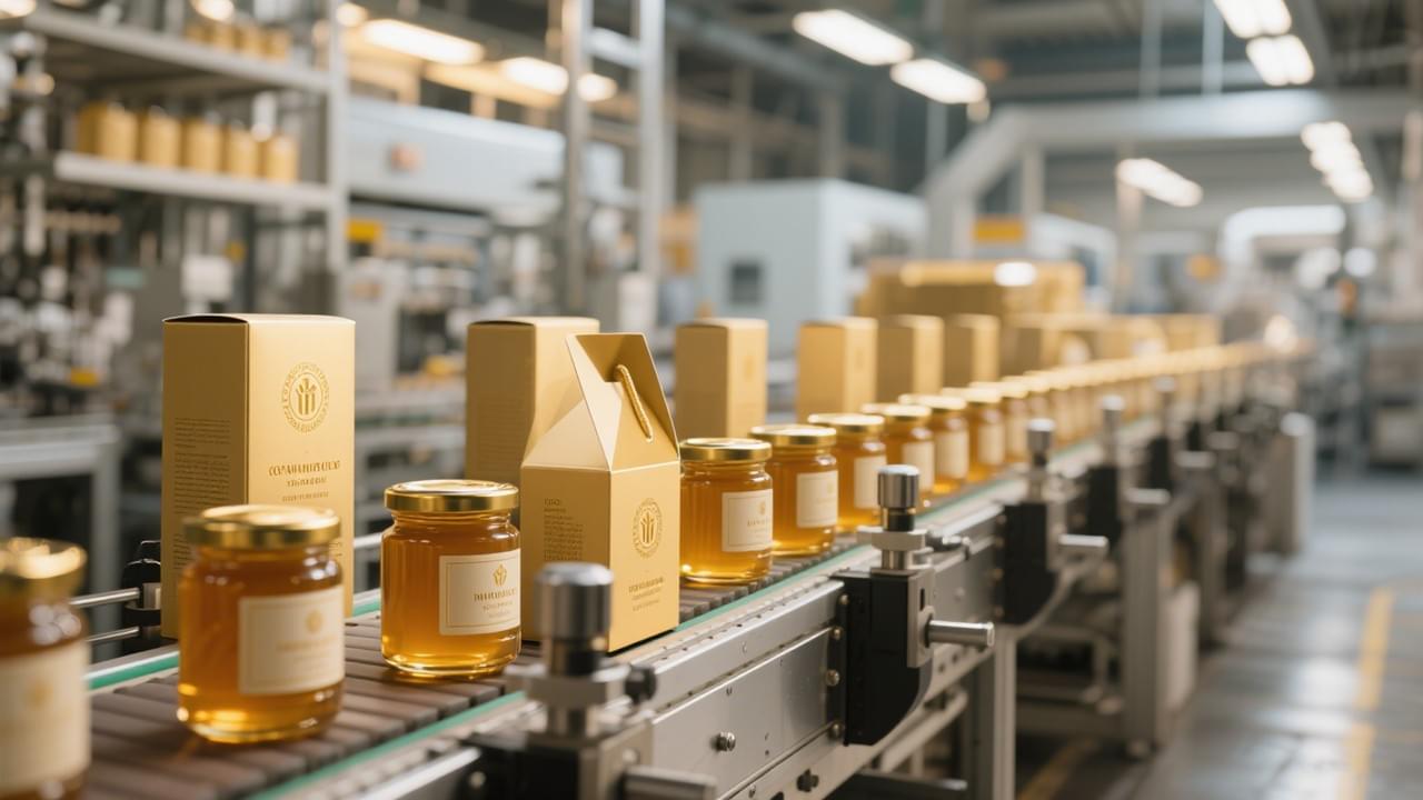Exclusive OEM products showcasing unique honey packaging and custom branding on a professional production line.