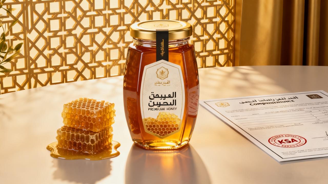 مرطبان عسل فاخر مع ملصقات غذائية ثنائية اللغة في المملكة العربية السعودية وتصميم متوافق مع العربية والإنجليزية للسوق السعودية