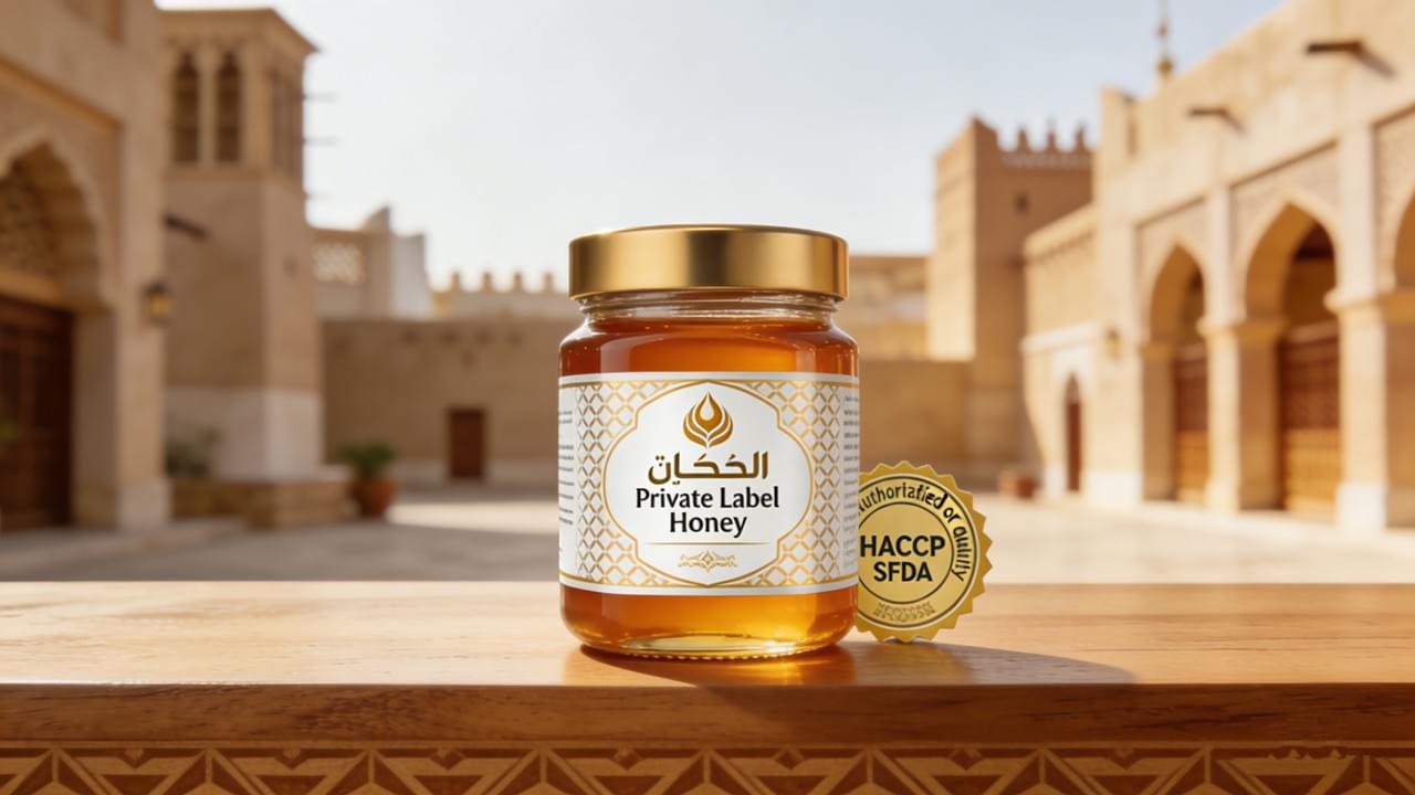 Close-up of a premium, customized Private Label Honey KSA jar, featuring a gold label and a subtle SFDA-compliant seal, set against a background suggesting the modern, affluent Saudi market, emphasizing trust and quality in OEM partnerships.