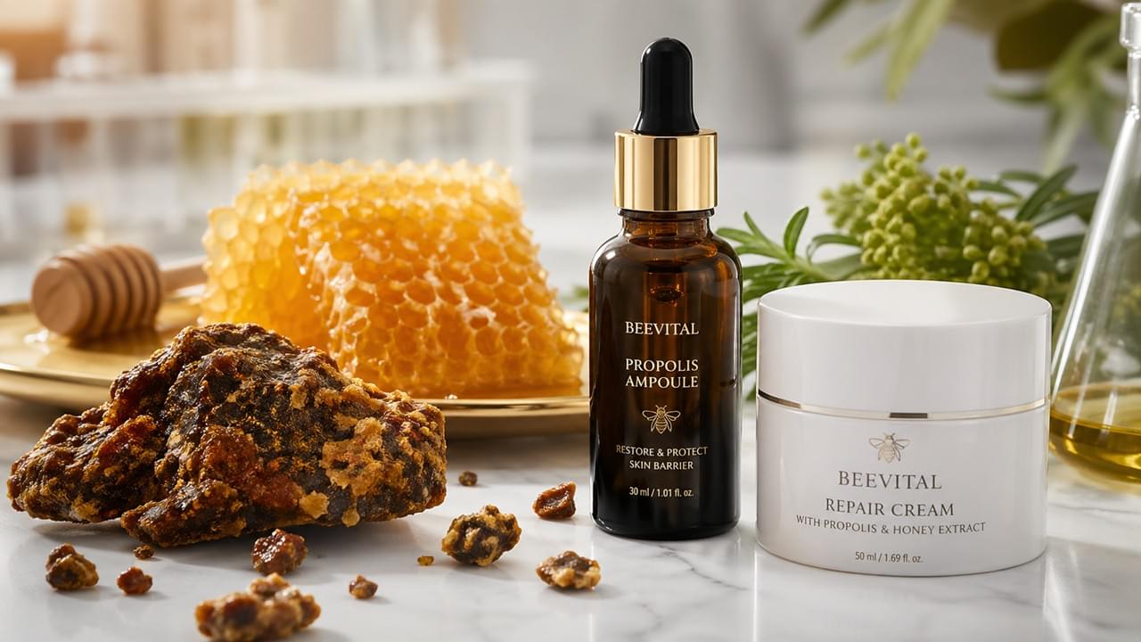 Professional laboratory setting showing raw bee propolis and medical-grade skincare products, illustrating the various propolis benefits for health and wound healing.