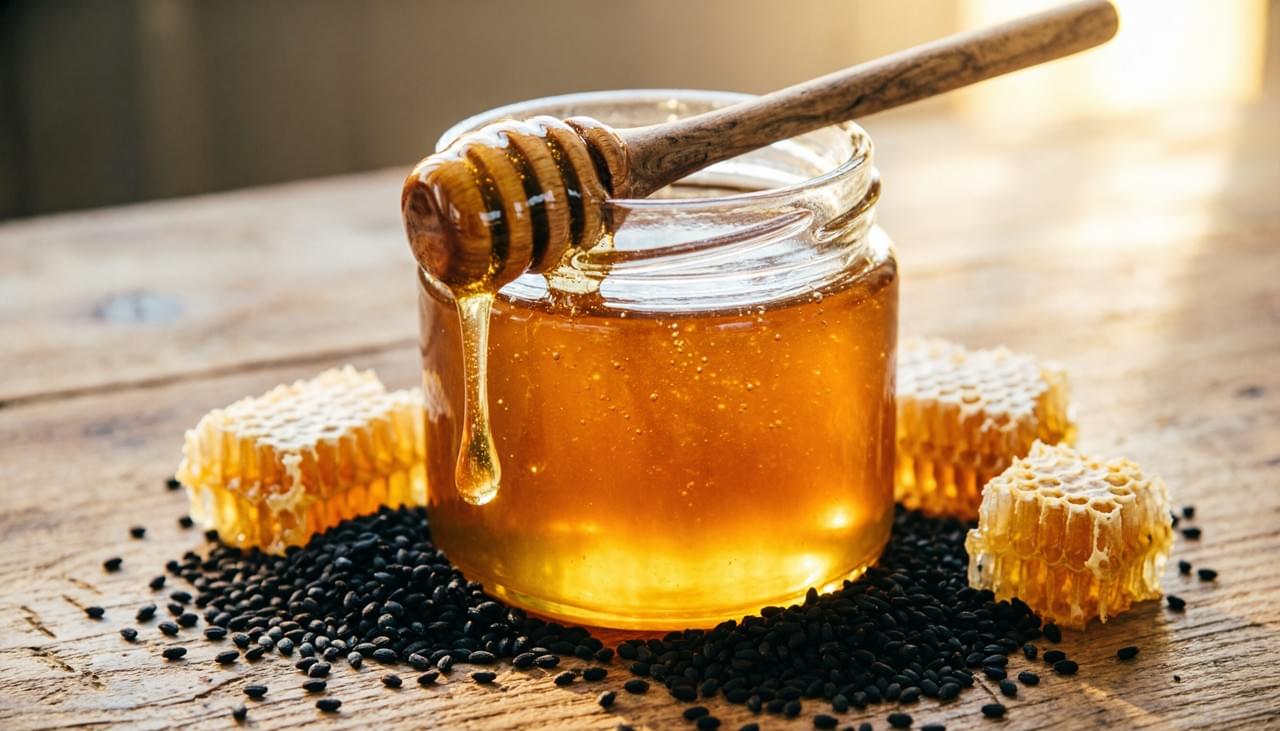 Black Seed Honey in premium wellness packaging with natural black seeds and honeycomb