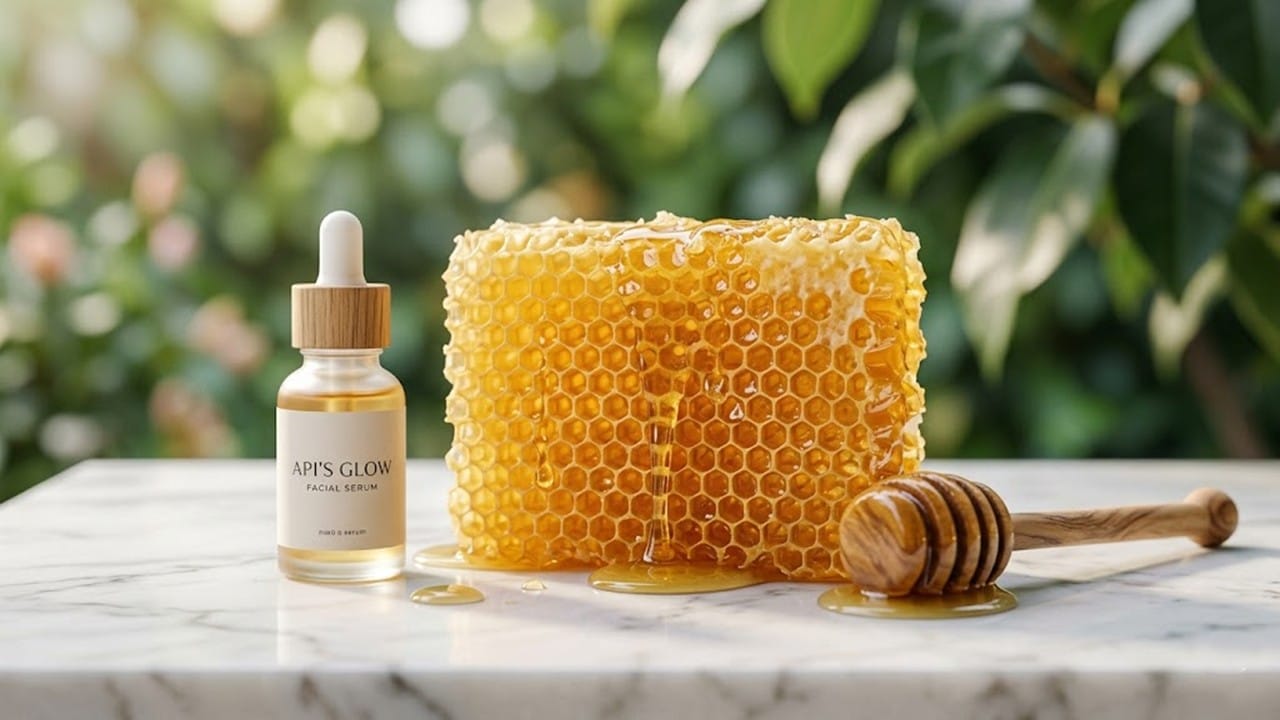 A close-up shot showing natural honeycomb benefits for gourmet food and luxury skincare products, featuring raw honey dripping from a hexagonal comb.