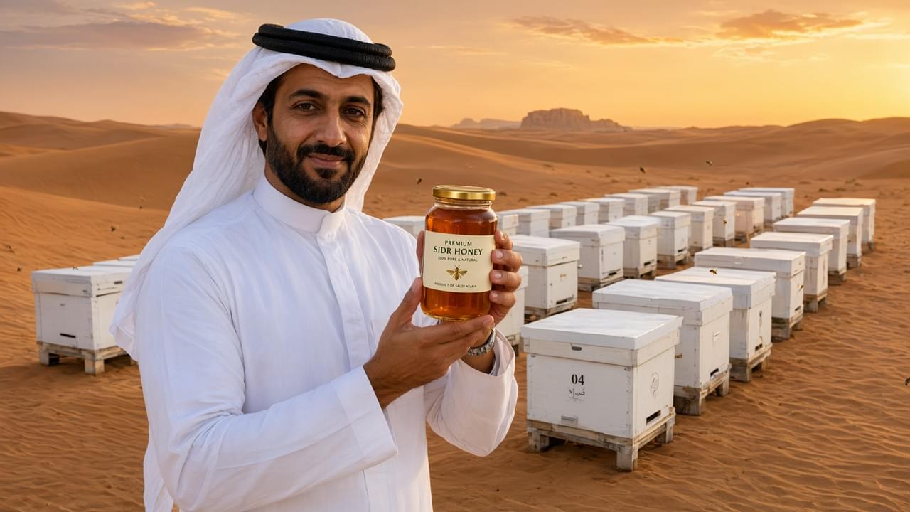 منتج تصدير العسل السعودي الفاخر معروض في وعاء زجاجي بخلفية تربية نحل صحراوية