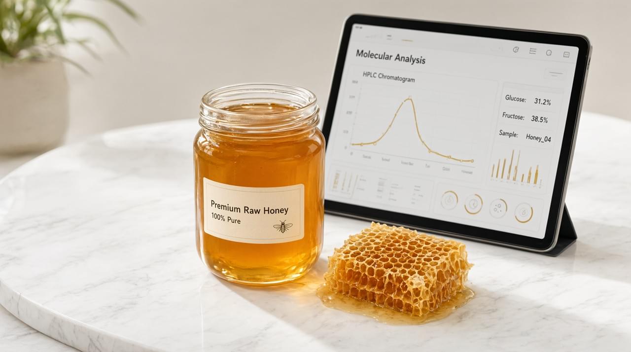 Modern Bee Product R&D concept showing premium honey jar, honeycomb, and digital innovation tools on a clean background.