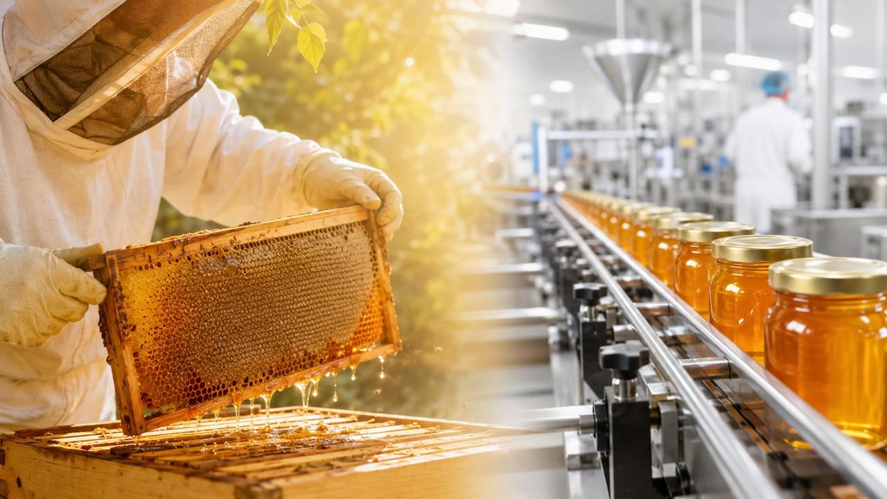 HACCP certified honey OEM - golden honey jars on a clean filling line, with a beekeeper tending hives in the background