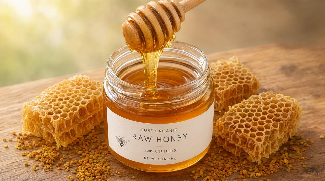 Premium raw honey for gut health dripping from a dipper, showcasing organic prebiotic properties and natural wellness benefits.