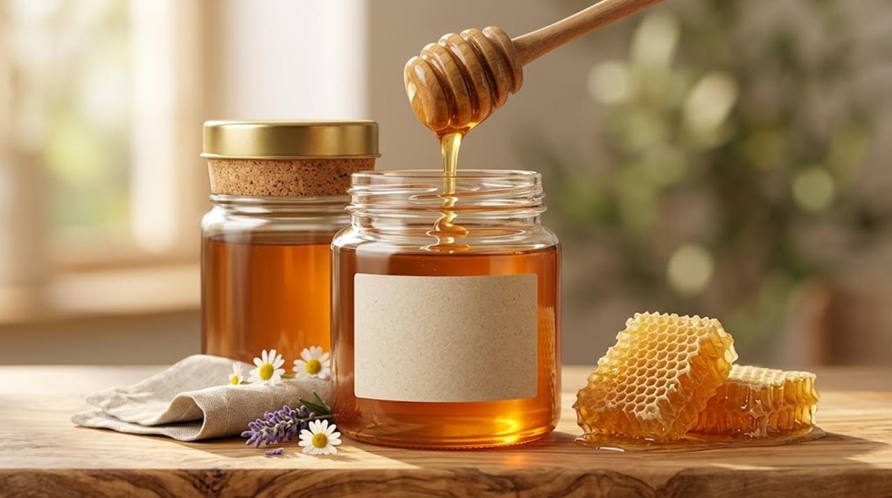 Luxury private label honey jar packaging design showcase with pure golden honey and honeycomb