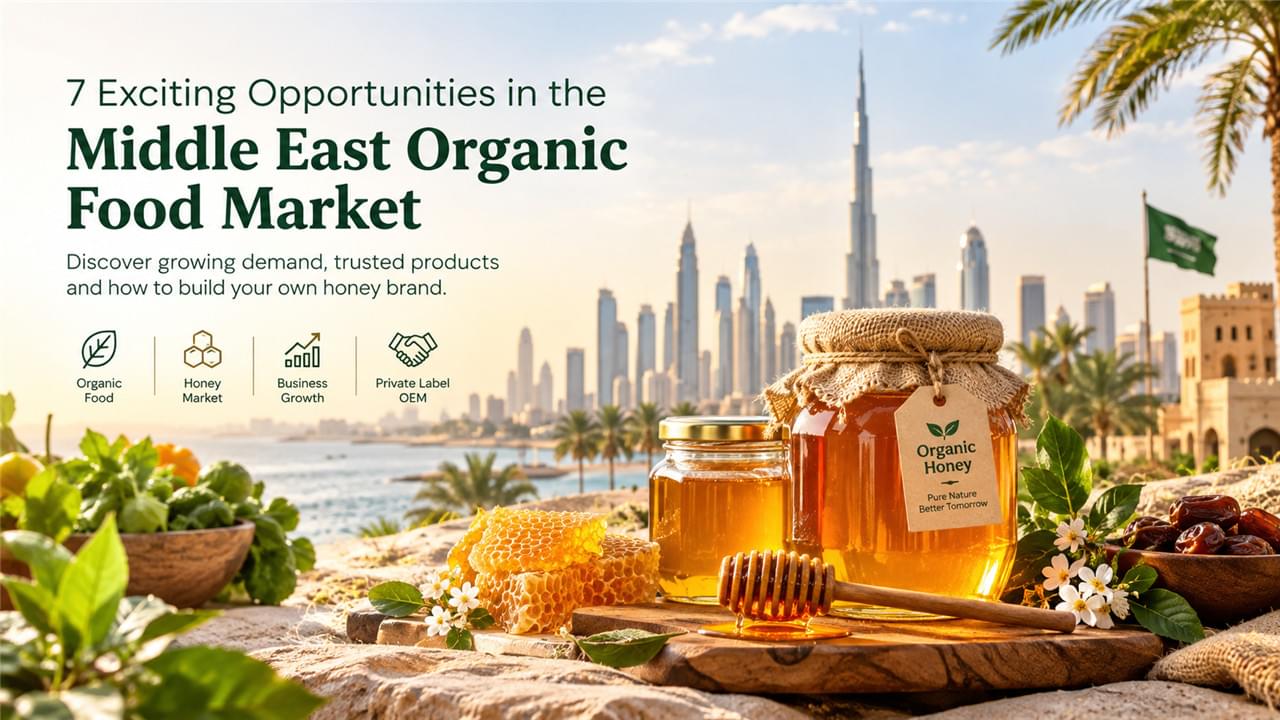 Middle East organic food market featuring organic honey jars, honeycomb, and premium natural food products in a Gulf region setting